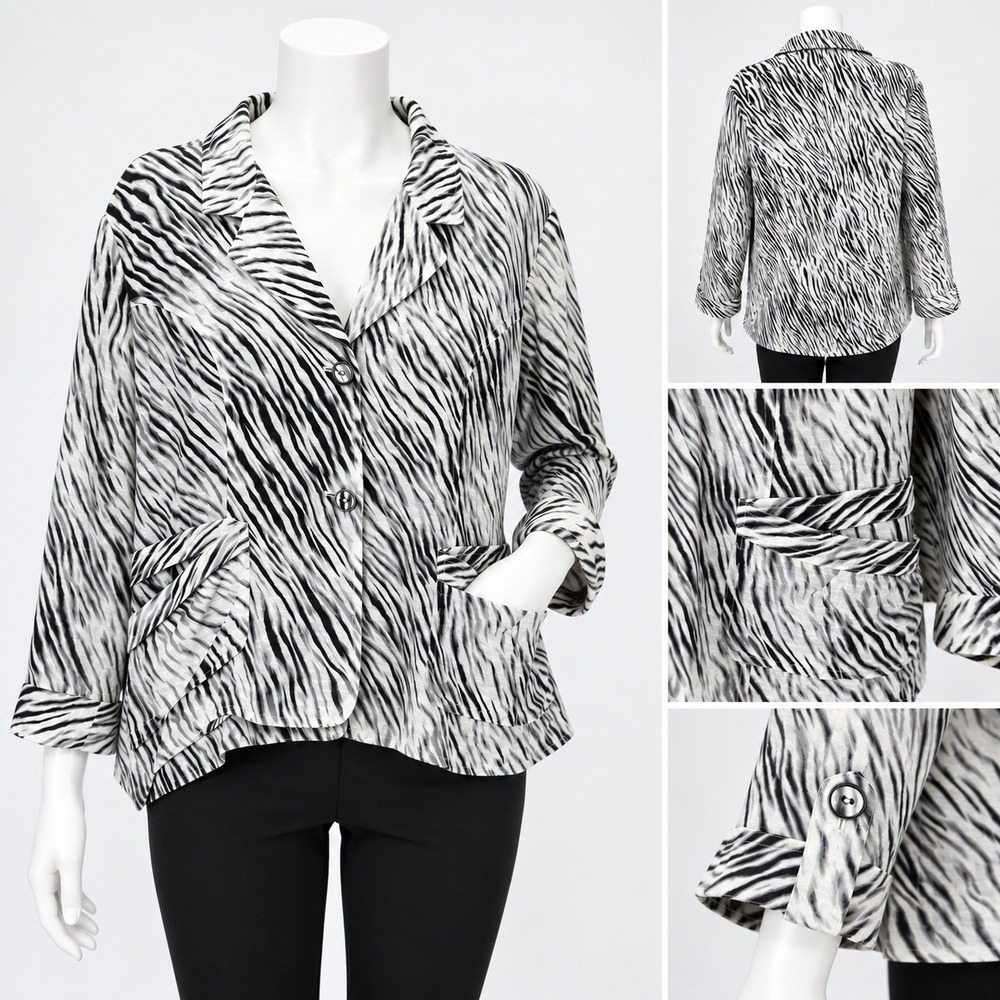 Chicos Zebra Print Linen Blend Office Blazer Black White Size 3 Large 3/4 Sleeve